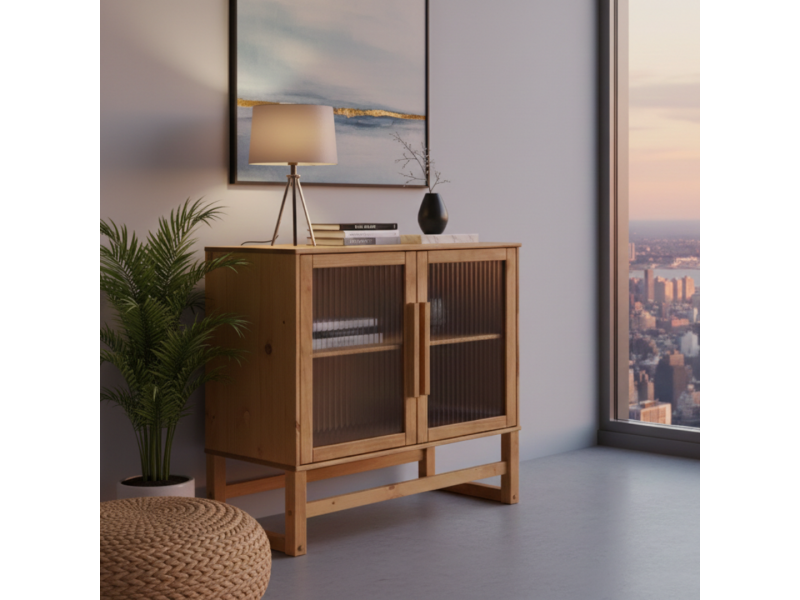 BALCÃO com vidro canelado em cera com toque acetinado natural DE MADEIRA MACIÇA com 2 PORTAS e prateleira interna / coleção Acapulco